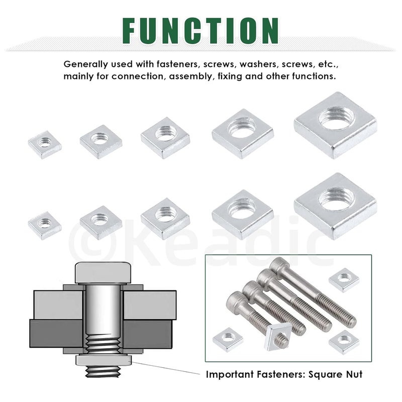 Keadic 90Pcs White Zinc-Plated Square Nuts Assortment Kit, M3x5.5mmx2mm, M4x7mmx2mm, M5x8mmx3mm, M6x10mmx3mm, M8x13mmx4mm Coarse Thread Nut for Furniture, Electrical Appliances - Image 4